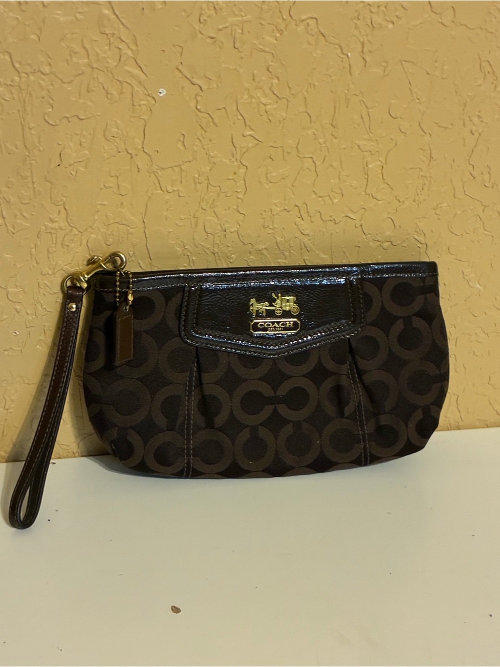 Coach Dark Brown Signature Canvas Wristlet with Gold Hardware-Madison